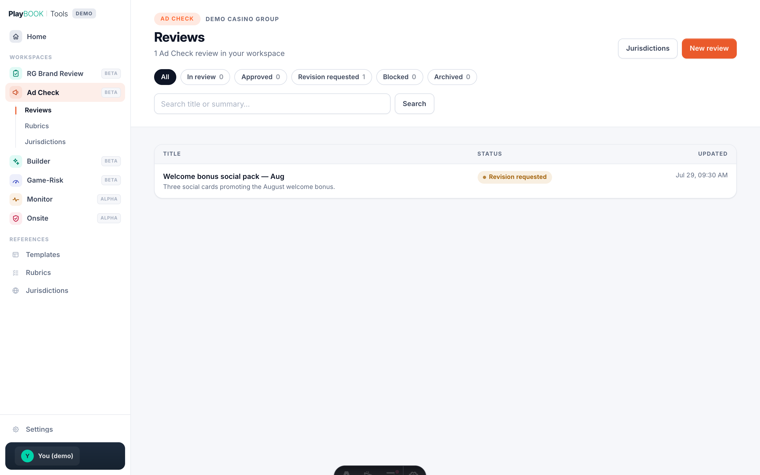 The Ad Check workspace showing a marketing review, “Welcome bonus social pack, Aug”, flagged as revision requested, with status filters above the list.
